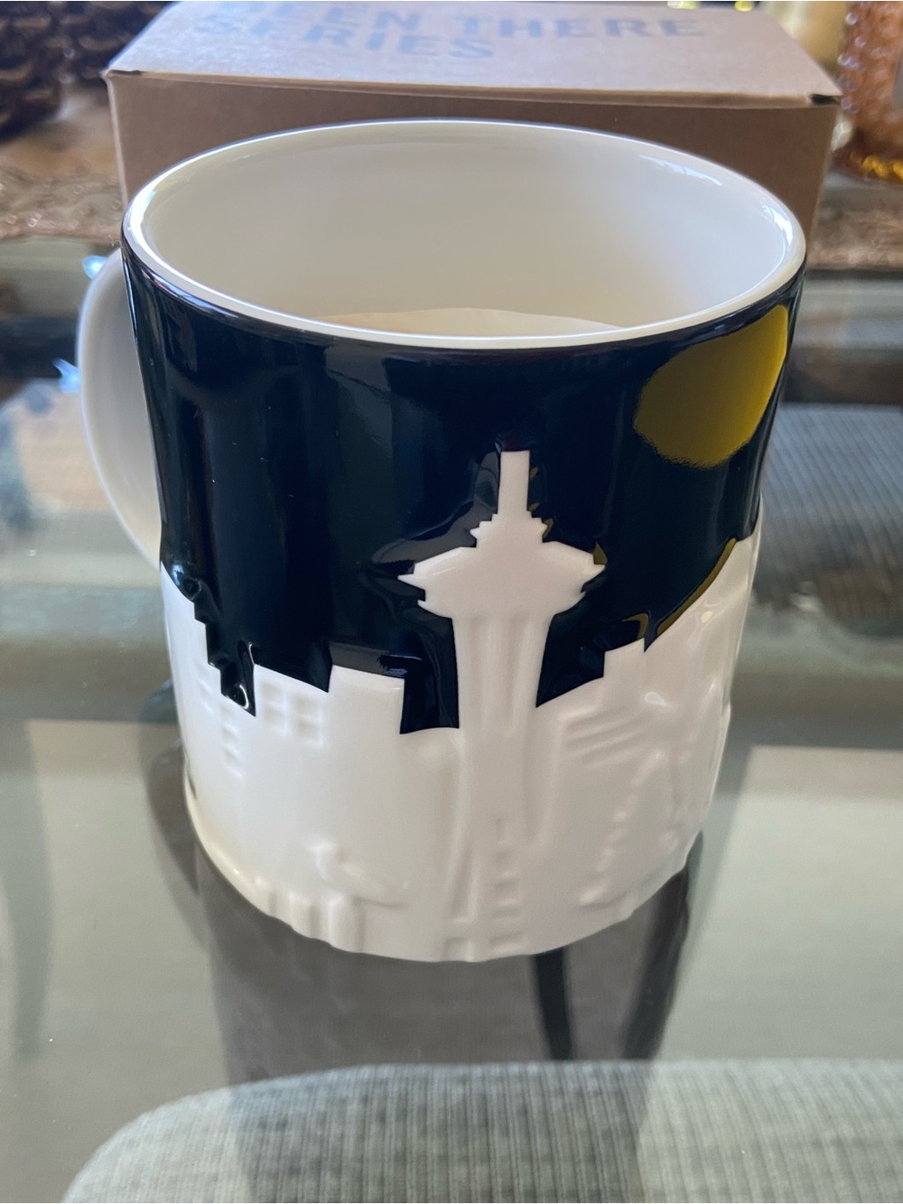 Starbucks Black-and White Skyline Relief Mug with Yellow Accent NEW with BOX